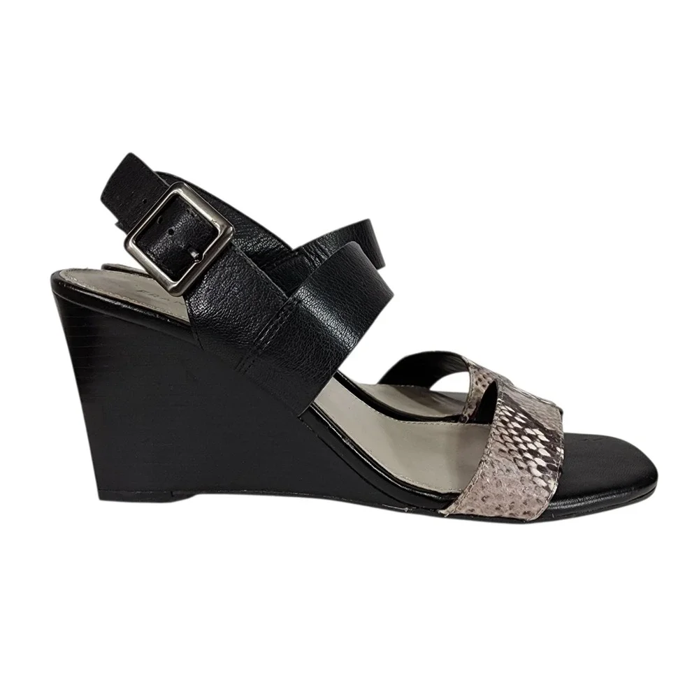 Franco Sarto Hooper Wedge Sandals 9 Black Snake Print Leather Ankle Strap Church